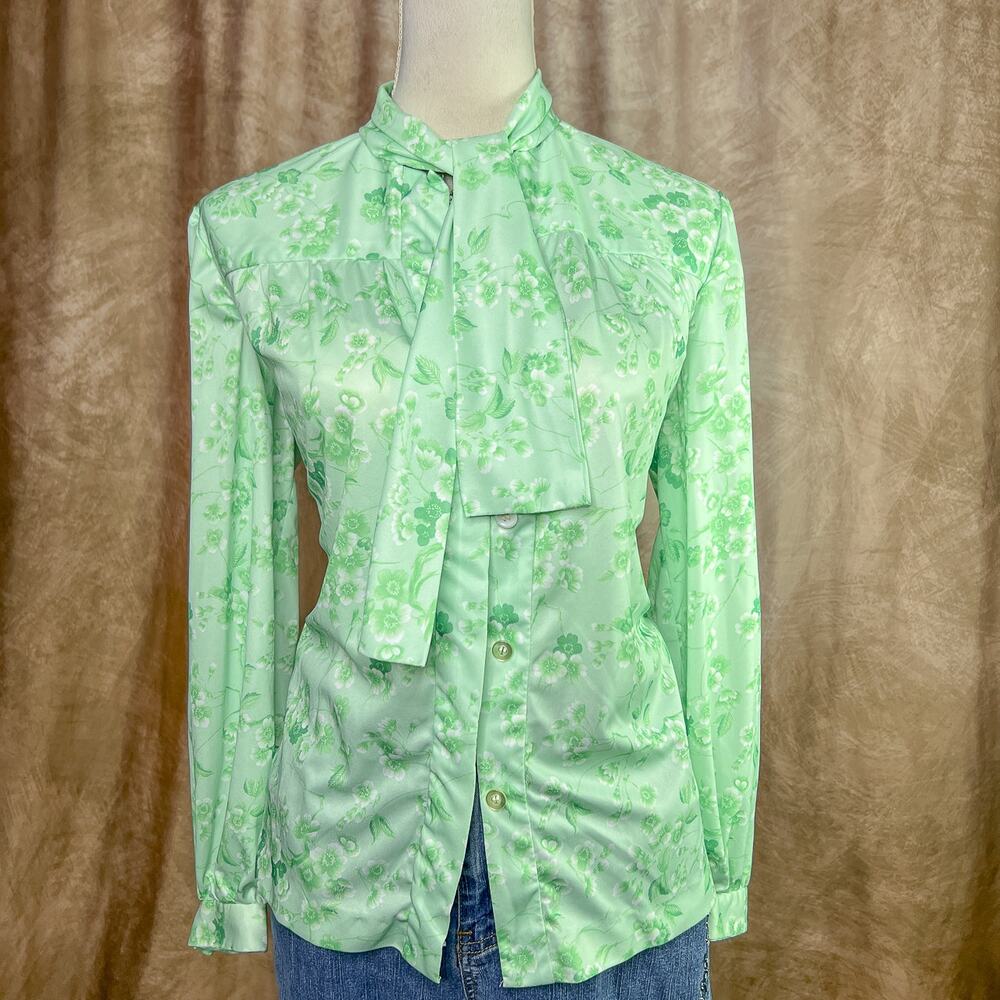 Vintage Floral Blouse 70s Green Polyester Long Sleeve Top Neck Tie Retro Disco